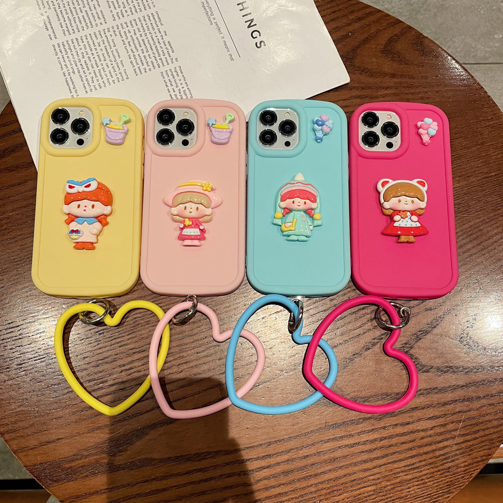 Cute Girl Cartoon 3D Princess Colored Phone Case with Heart Shape Bracelet