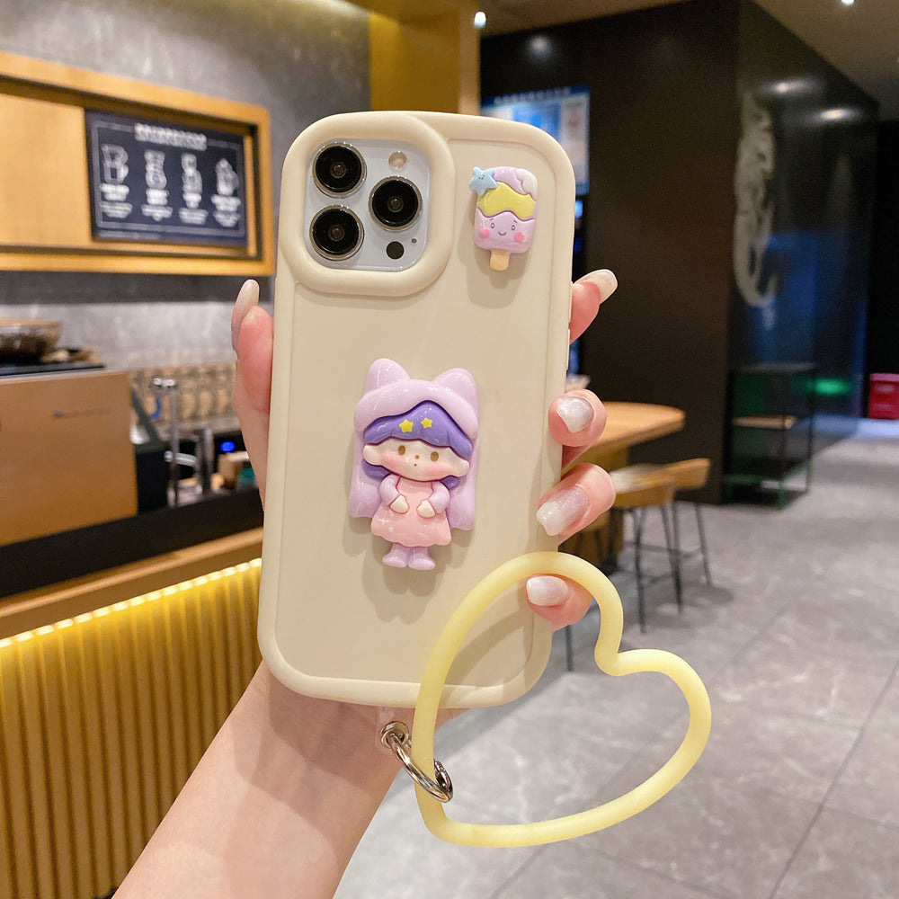 Cute Girl Cartoon 3D Princess Colored Phone Case with Heart Shape Bracelet