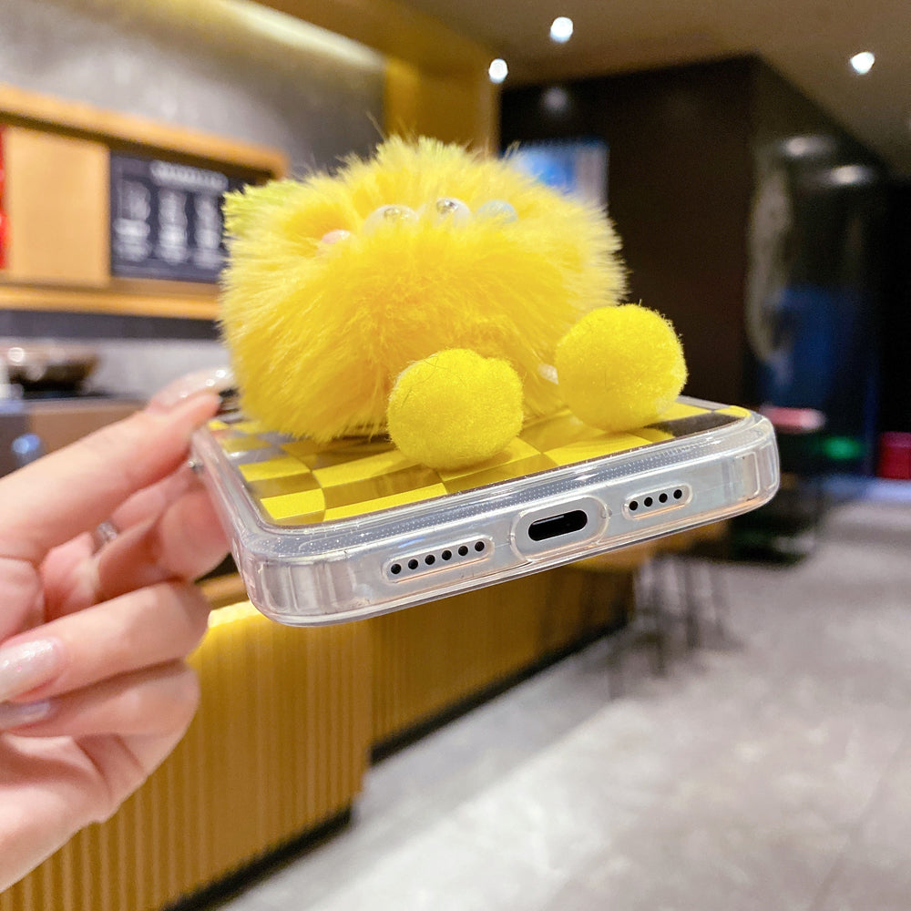 Graphic Mirror Fluffy Pom Pom Ball Stand Phone Case