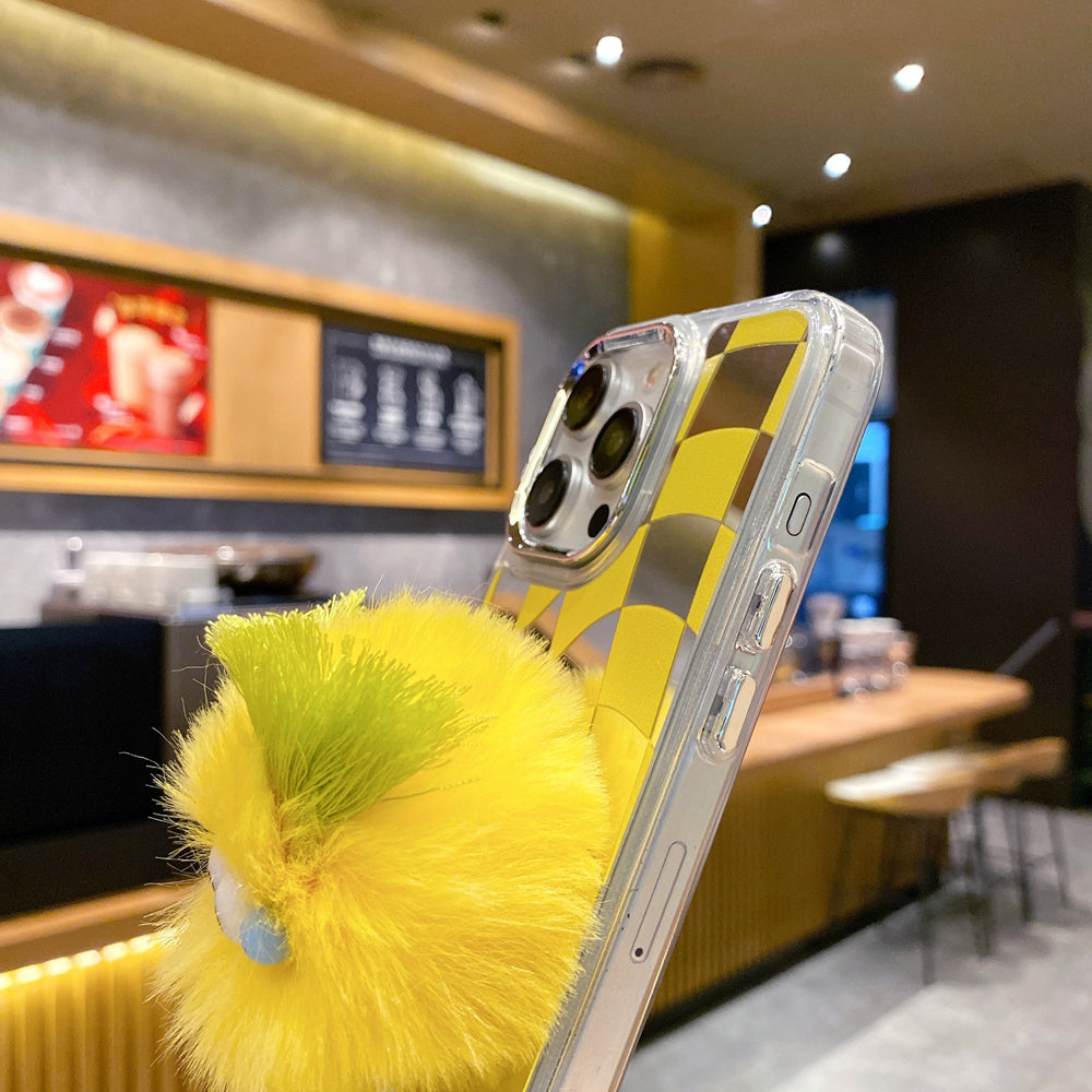Graphic Mirror Fluffy Pom Pom Ball Stand Phone Case