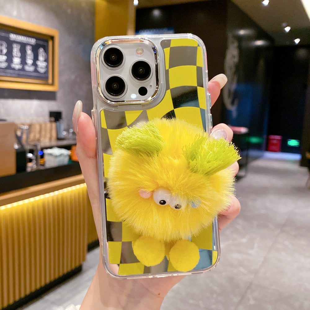 Graphic Mirror Fluffy Pom Pom Ball Stand Phone Case