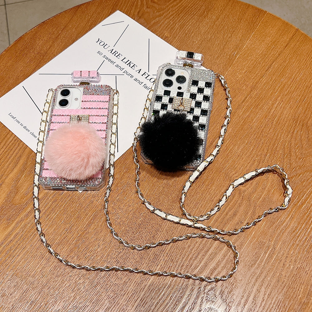 Rehinestone Perfume Bottle Phone Case with Pom Pom Charm and Sling