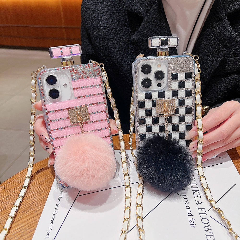 Rehinestone Perfume Bottle Phone Case with Pom Pom Charm and Sling