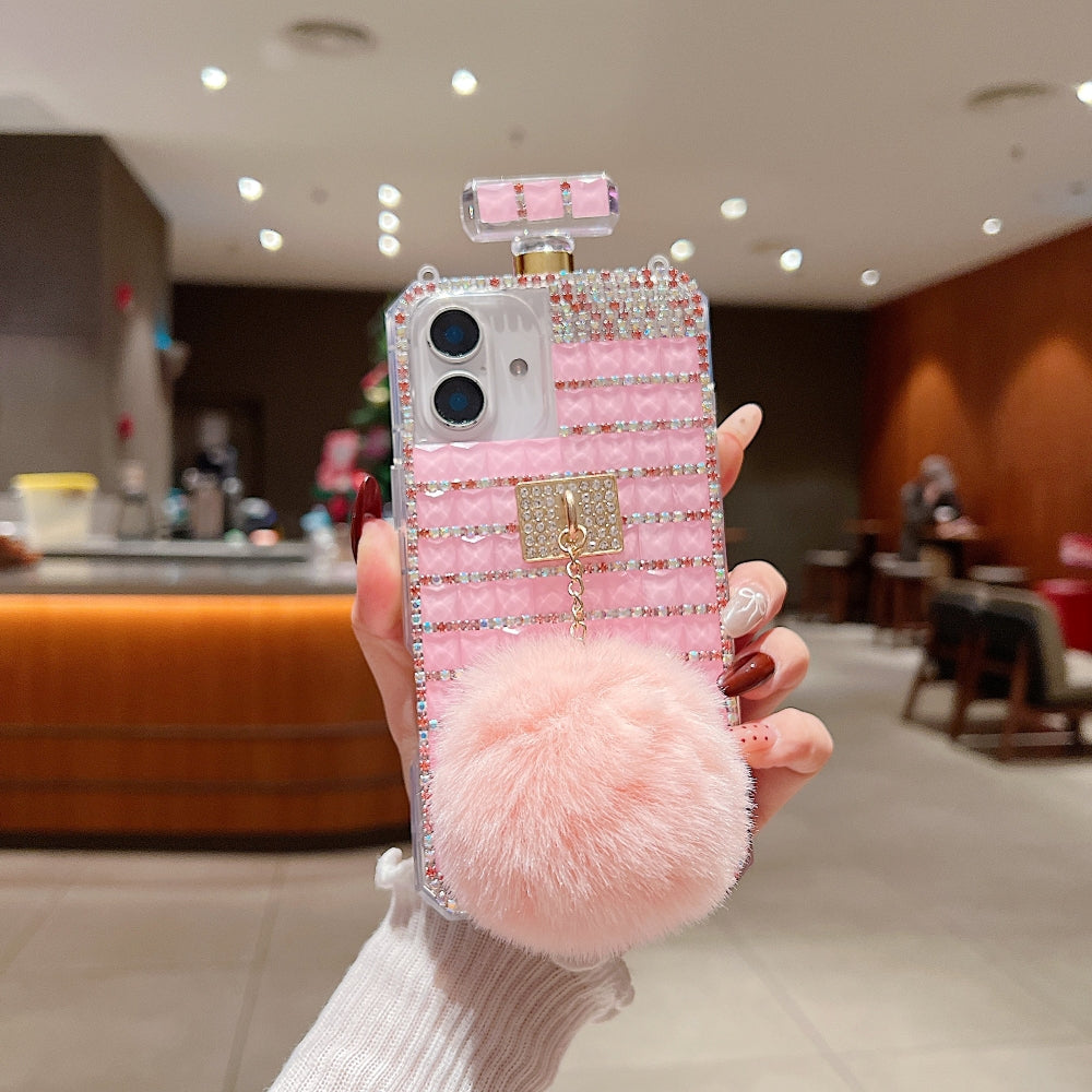 Rehinestone Perfume Bottle Phone Case with Pom Pom Charm and Sling