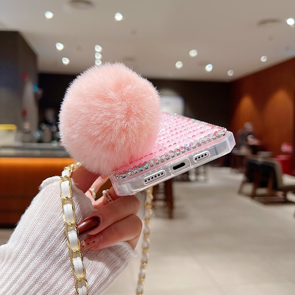 Rehinestone Perfume Bottle Phone Case with Pom Pom Charm and Sling