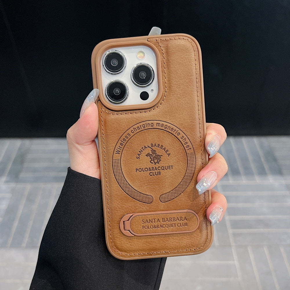 Wireless Charging PU Leather Rugged Kickstand Phone Case