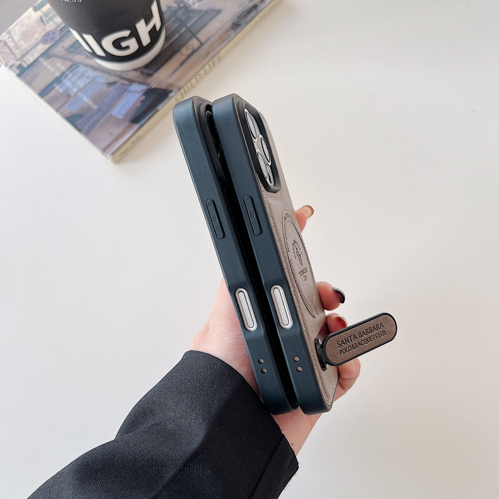 Wireless Charging PU Leather Rugged Kickstand Phone Case