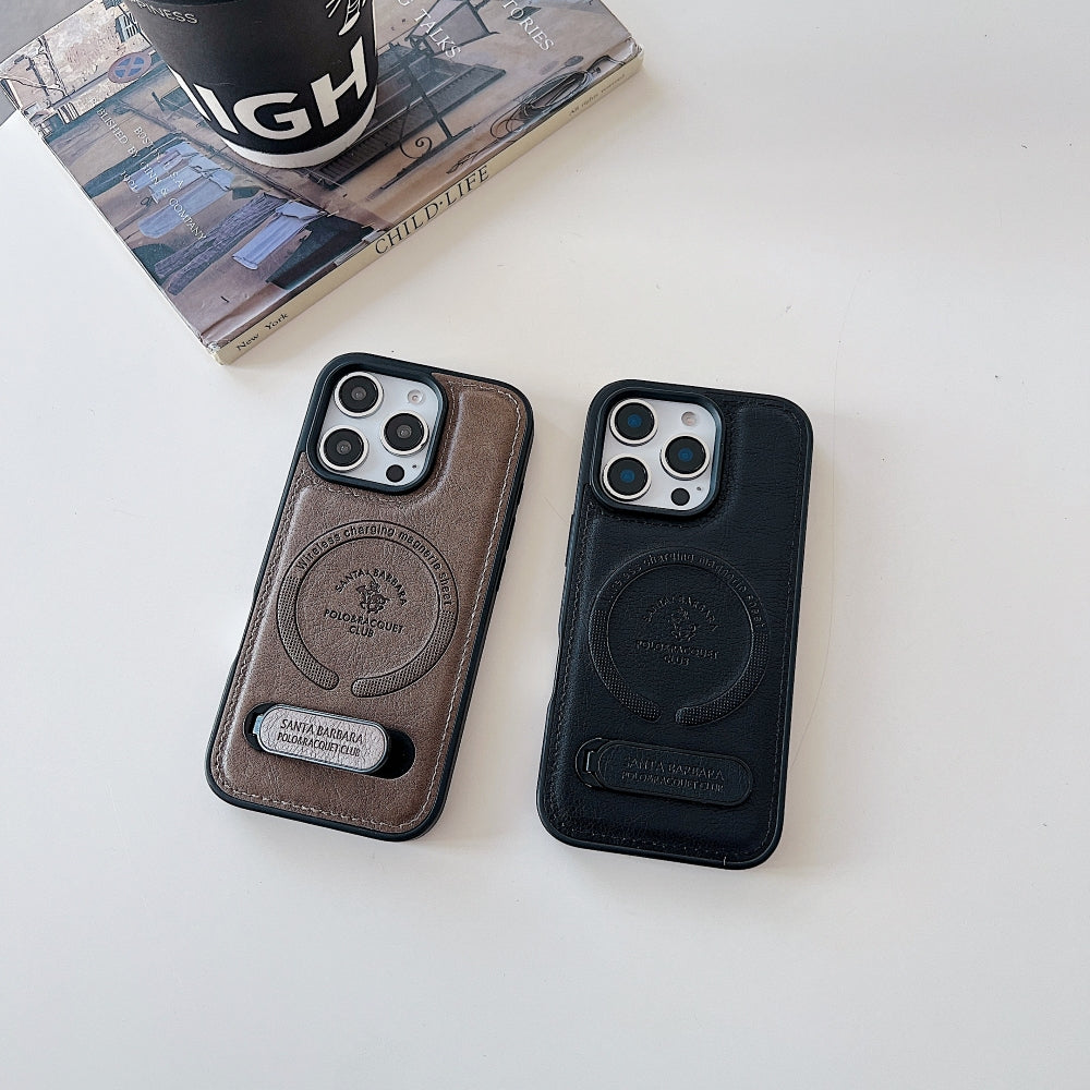 Wireless Charging PU Leather Rugged Kickstand Phone Case