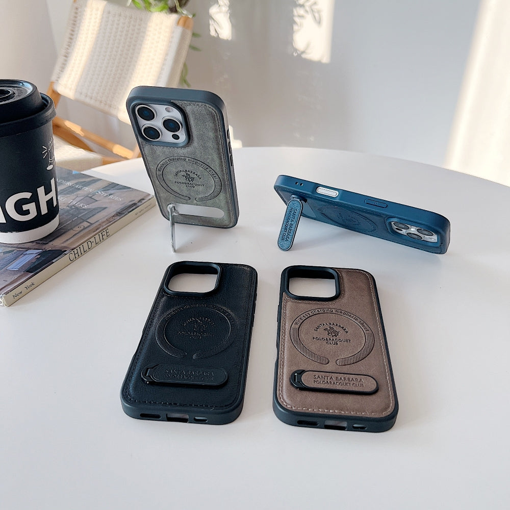Wireless Charging PU Leather Rugged Kickstand Phone Case