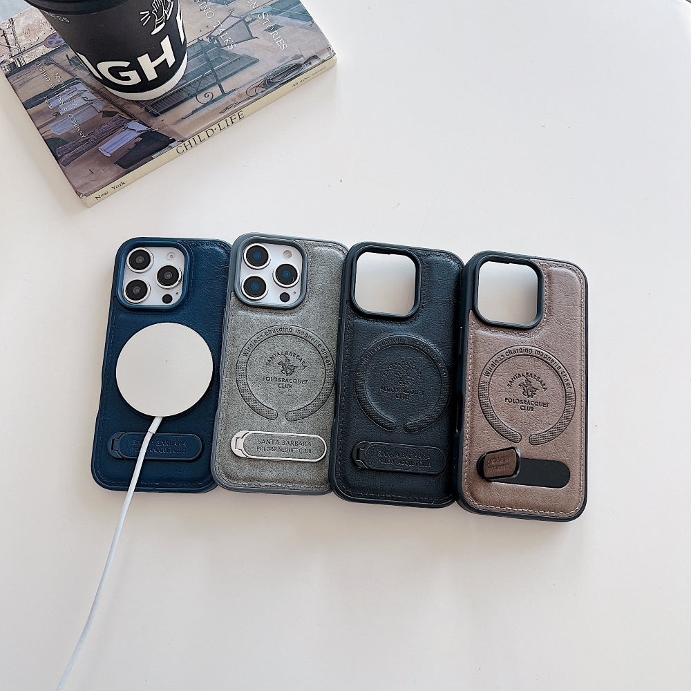 Wireless Charging PU Leather Rugged Kickstand Phone Case