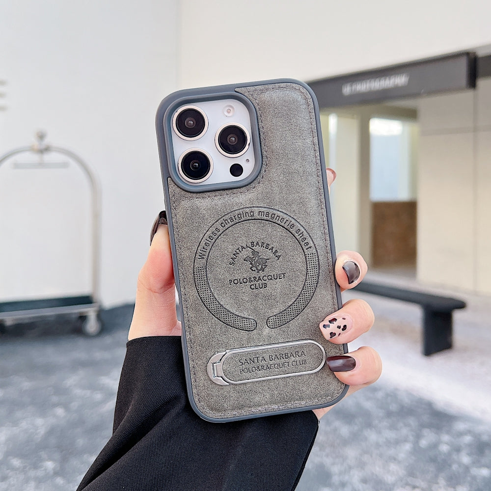 Wireless Charging PU Leather Rugged Kickstand Phone Case