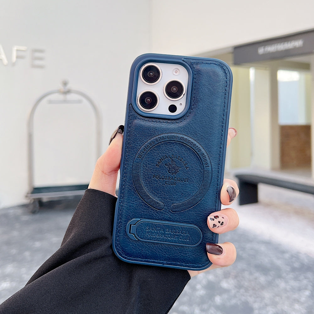 Wireless Charging PU Leather Rugged Kickstand Phone Case