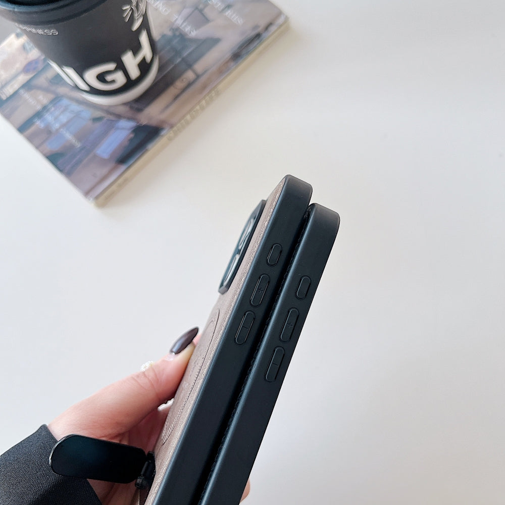 Wireless Charging PU Leather Rugged Kickstand Phone Case