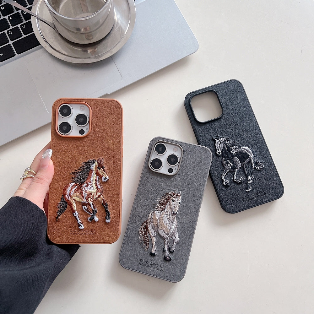 3D Embroided Horse Design PU Leather Phone Case