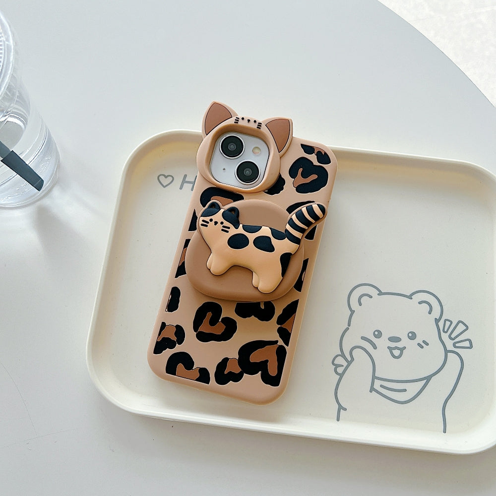 3D Kitty Stand Leopard Print Silicone Phone Case