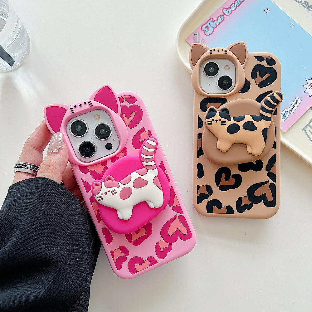 3D Kitty Stand Leopard Print Silicone Phone Case