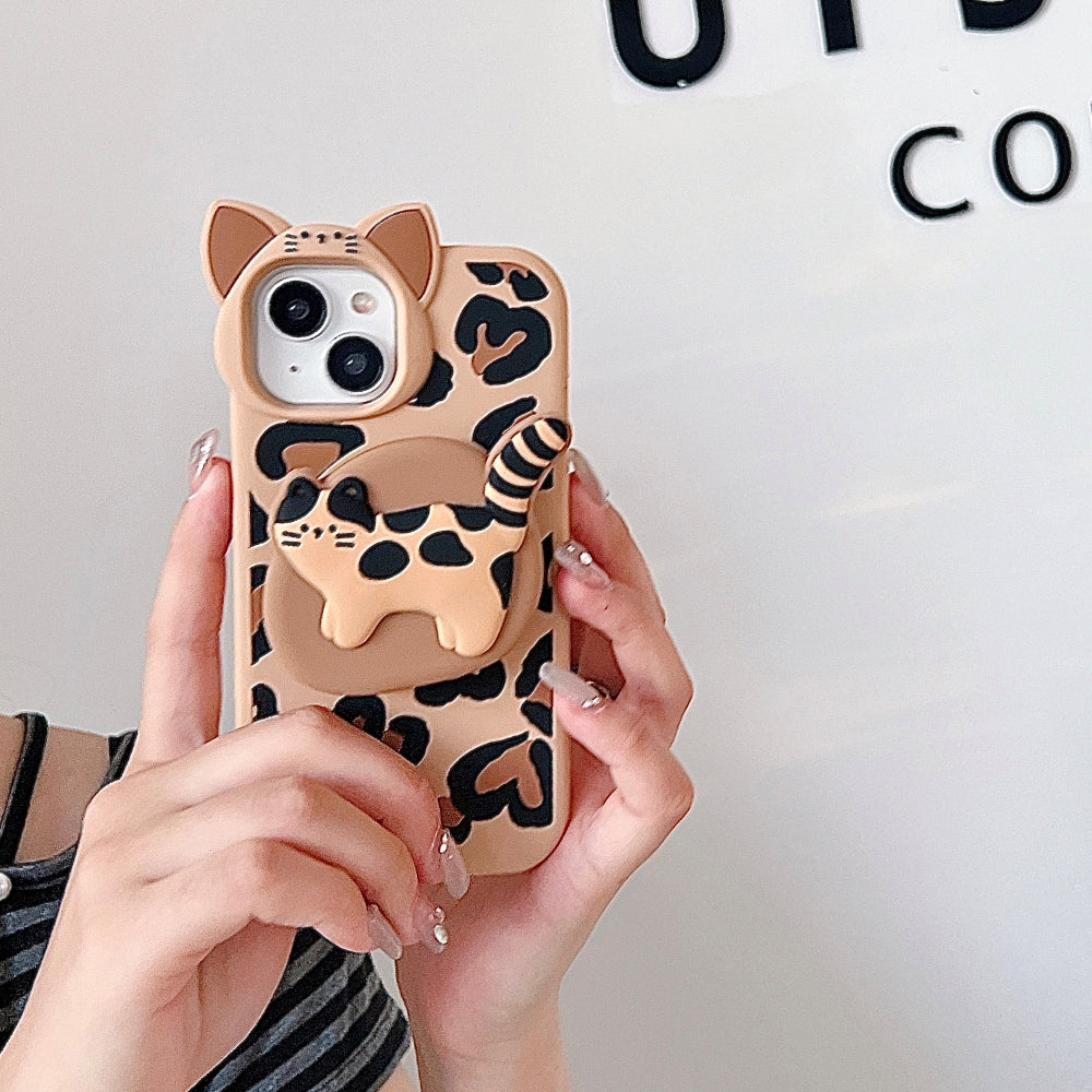 3D Kitty Stand Leopard Print Silicone Phone Case