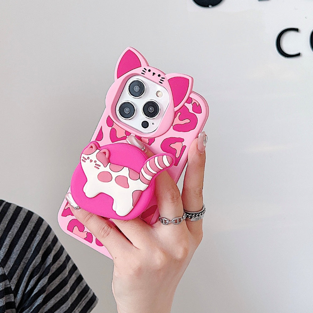 3D Kitty Stand Leopard Print Silicone Phone Case