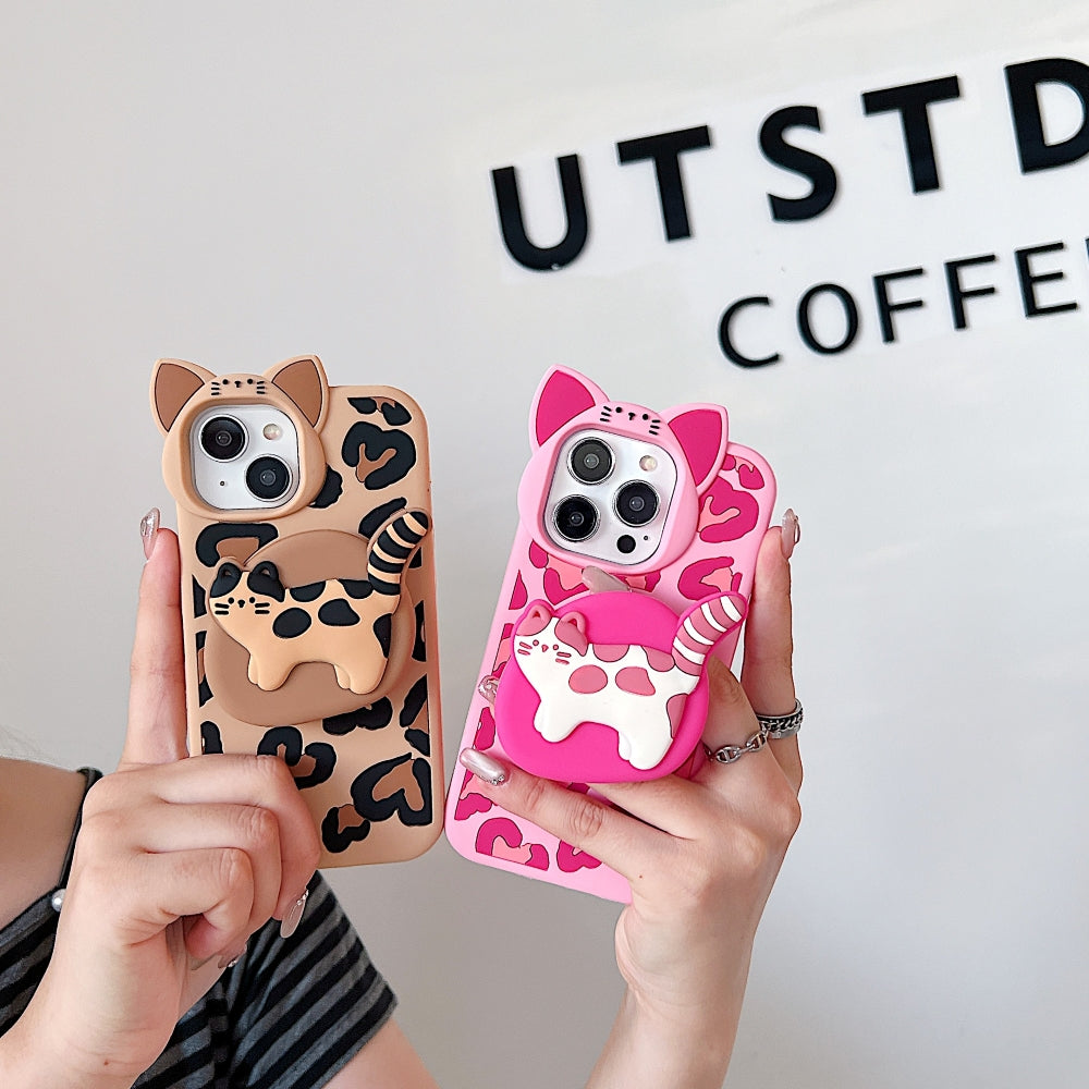 3D Kitty Stand Leopard Print Silicone Phone Case