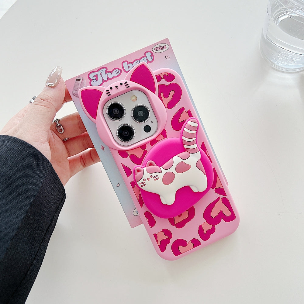 3D Kitty Stand Leopard Print Silicone Phone Case