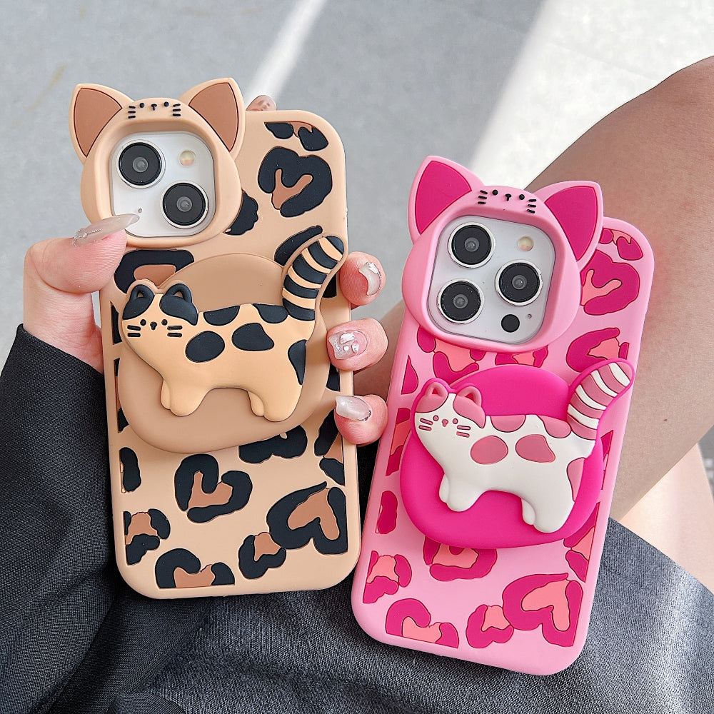 3D Kitty Stand Leopard Print Silicone Phone Case