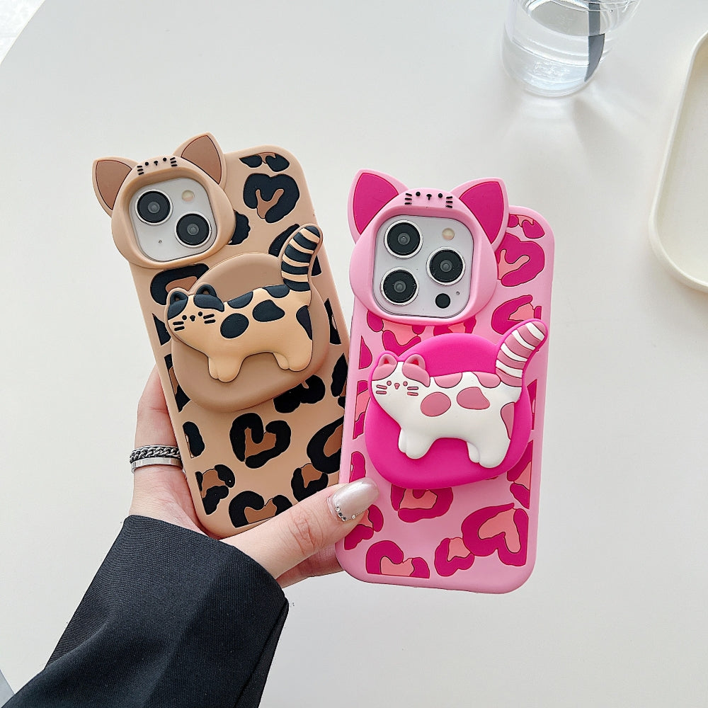 3D Kitty Stand Leopard Print Silicone Phone Case