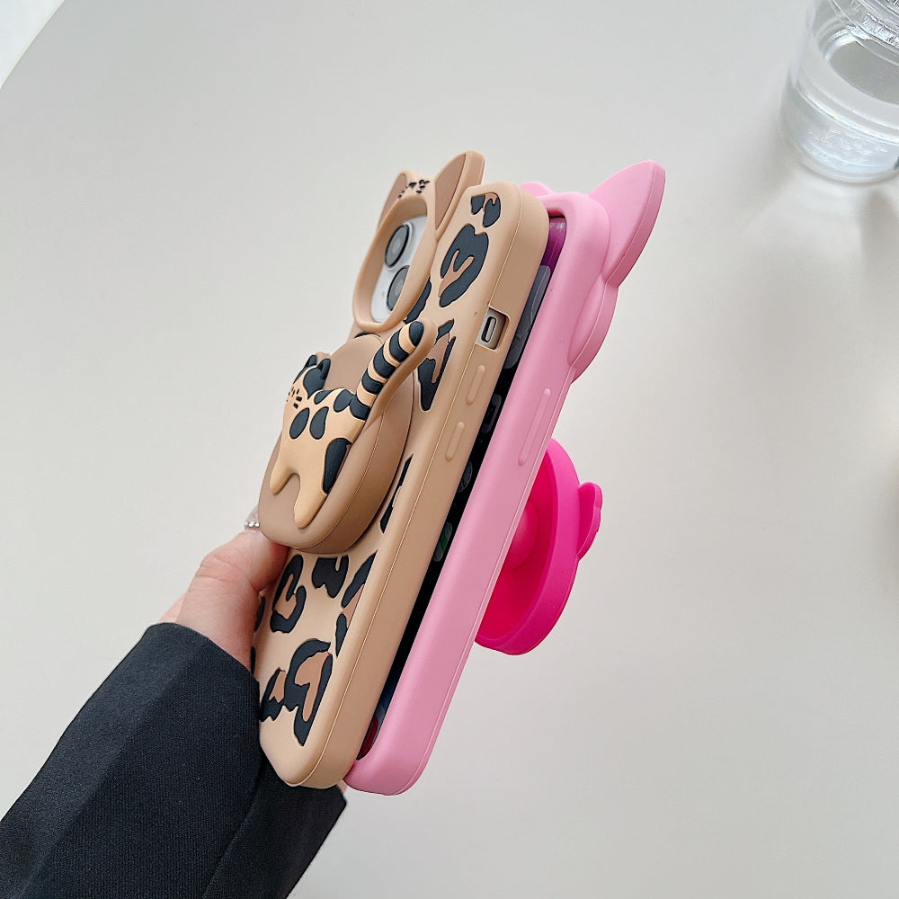 3D Kitty Stand Leopard Print Silicone Phone Case