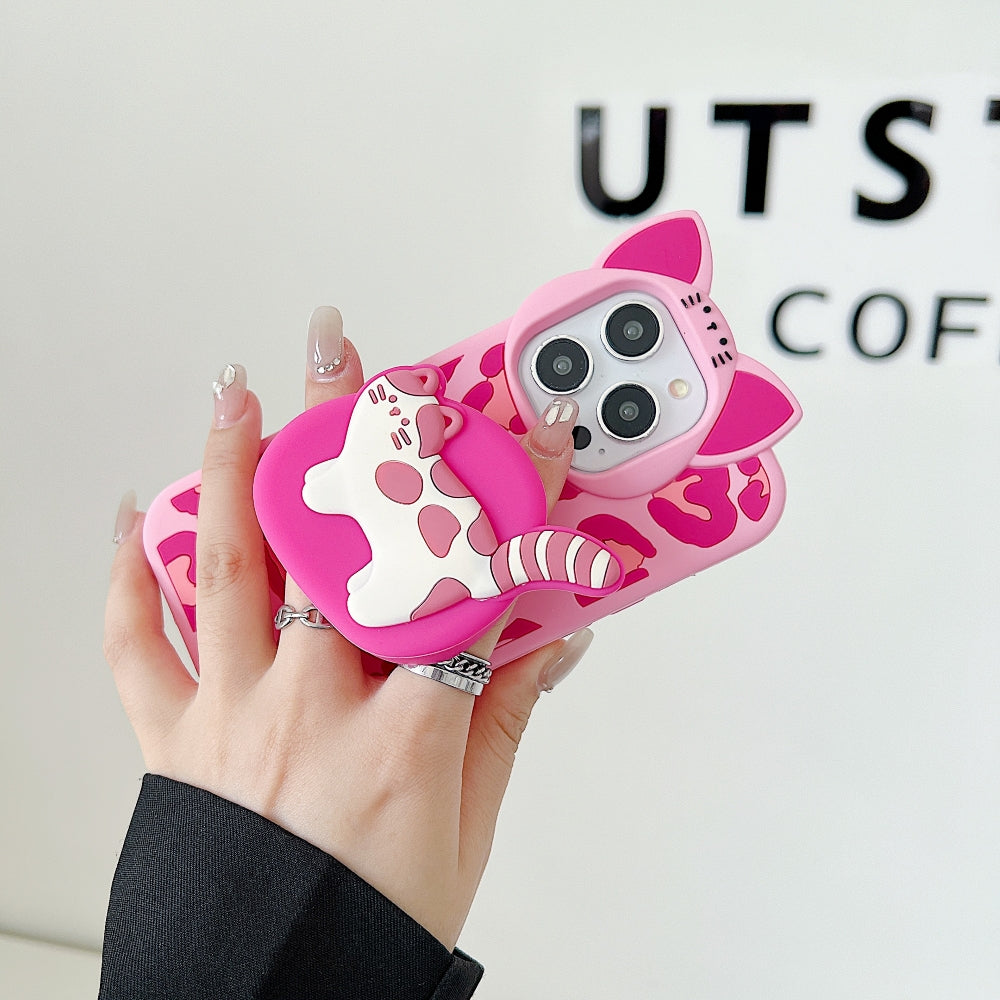 3D Kitty Stand Leopard Print Silicone Phone Case