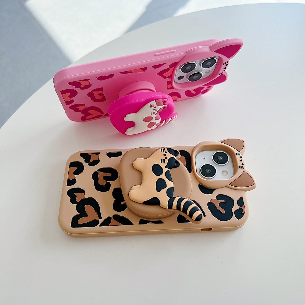 3D Kitty Stand Leopard Print Silicone Phone Case