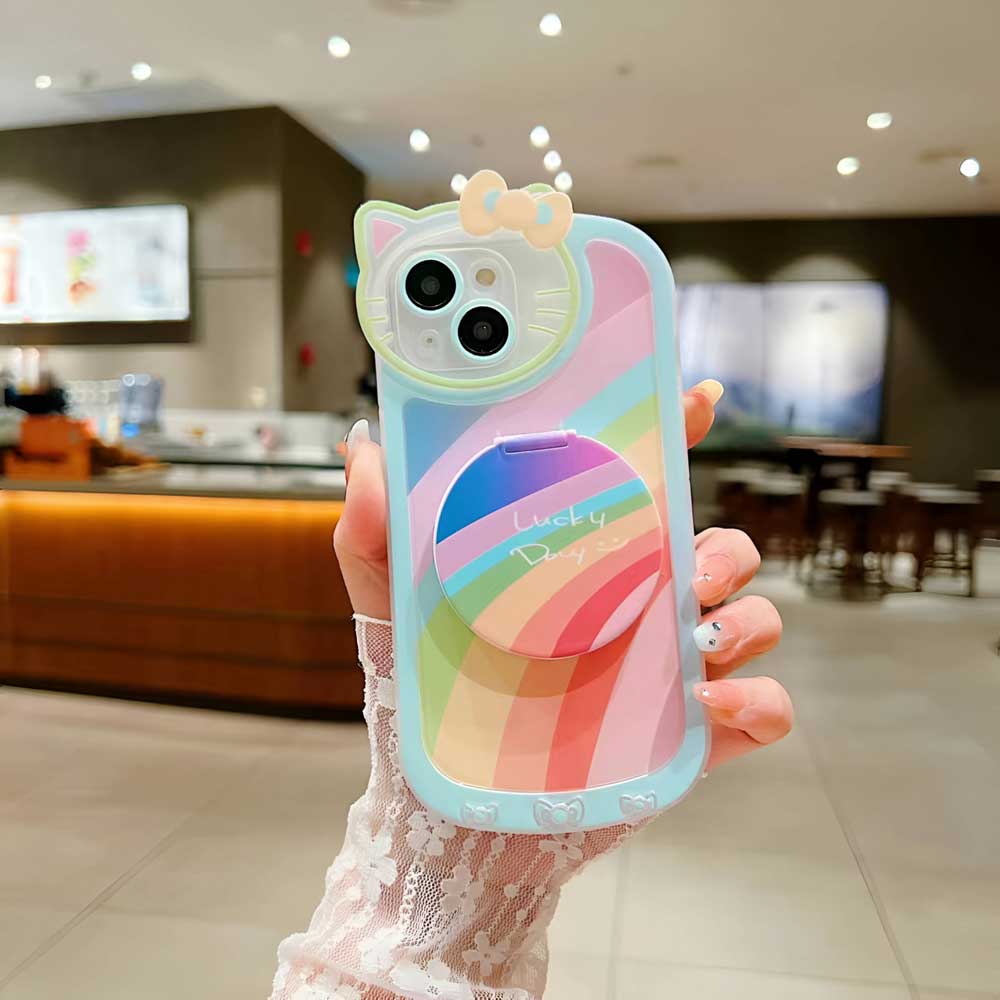 Cartoon Cat Printed Camera Protection Cover with Mirror Stand