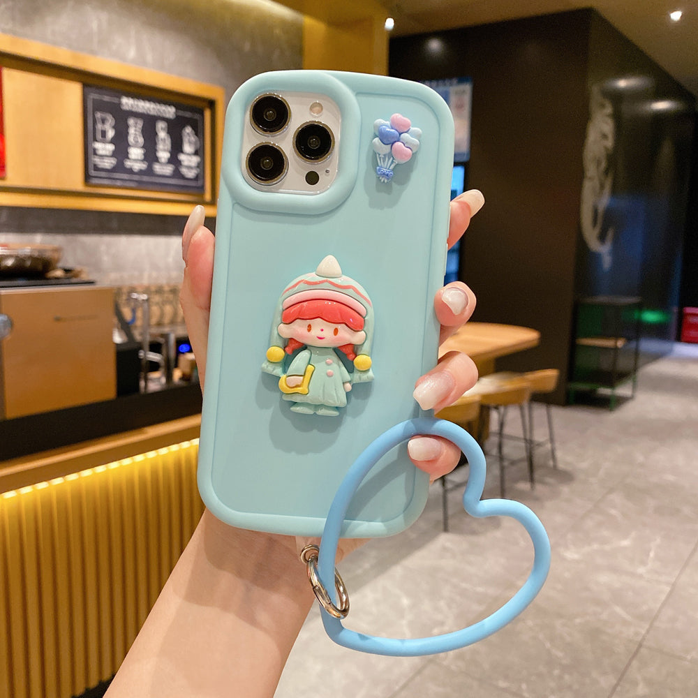 Cute Girl Cartoon 3D Princess Colored Phone Case with Heart Shape Bracelet