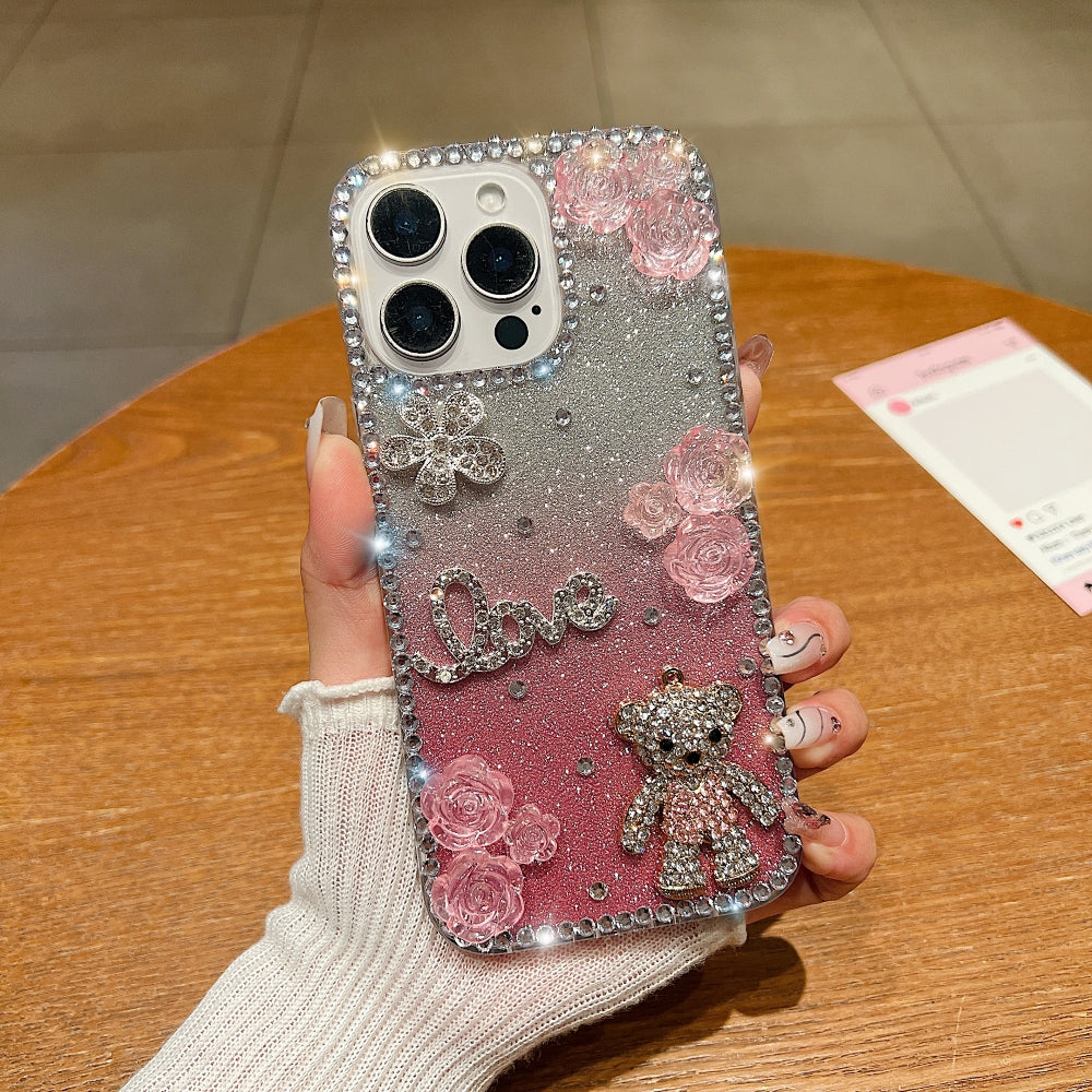 Glitter Paper Diamond Flower Love Bear Transparent Phone Case