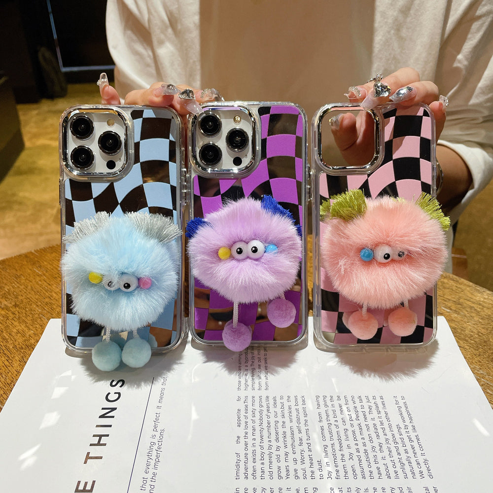 Graphic Mirror Fluffy Pom Pom Ball Stand Phone Case