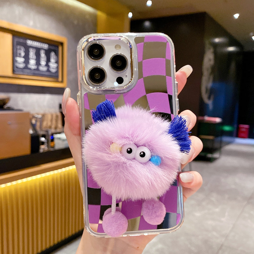 Graphic Mirror Fluffy Pom Pom Ball Stand Phone Case