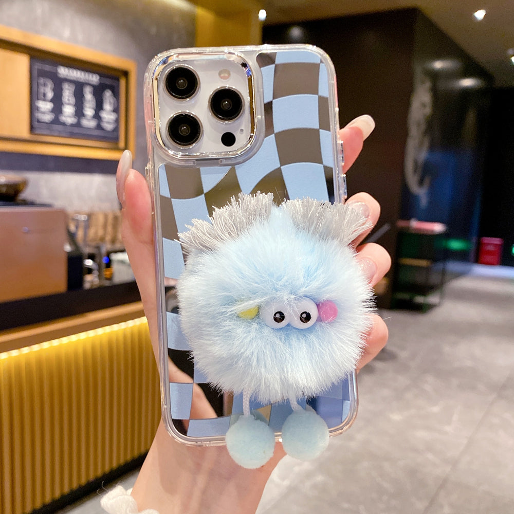 Graphic Mirror Fluffy Pom Pom Ball Stand Phone Case