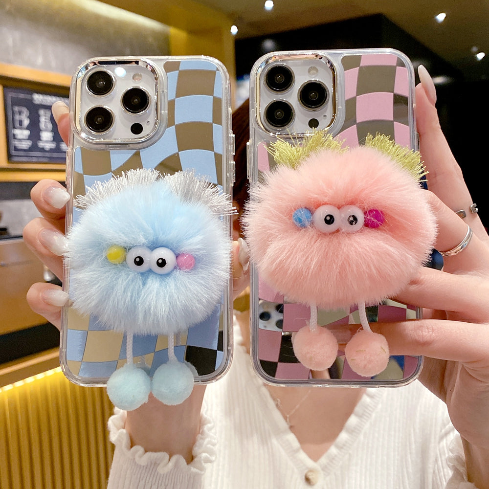 Graphic Mirror Fluffy Pom Pom Ball Stand Phone Case