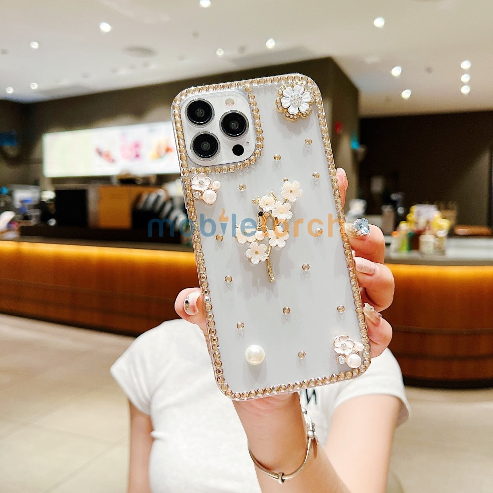Handmade Jasmin Flower Pattern Diamond Border Transparent TPU(Soft) Case - iPhone 14 Plus