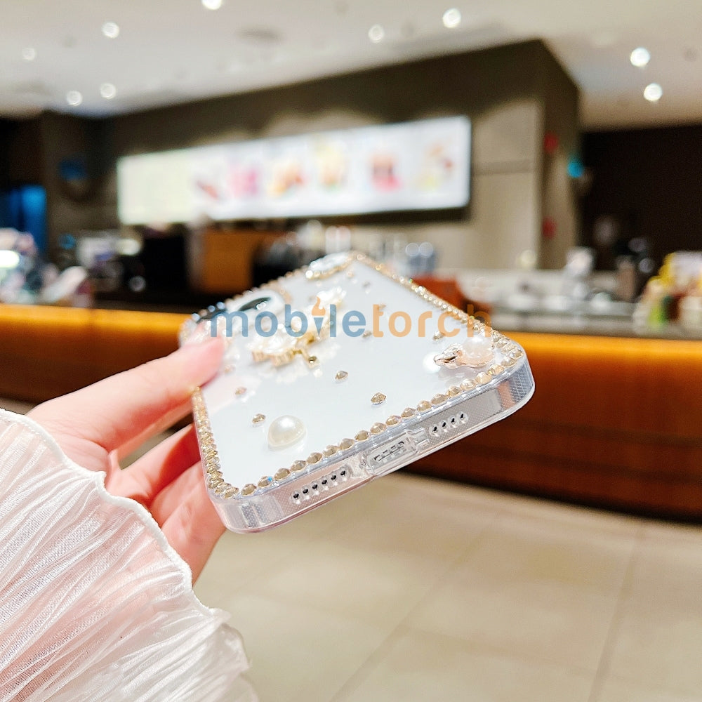 Handmade Jasmin Flower Pattern Diamond Border Transparent TPU(Soft) Case - iPhone 14 Plus
