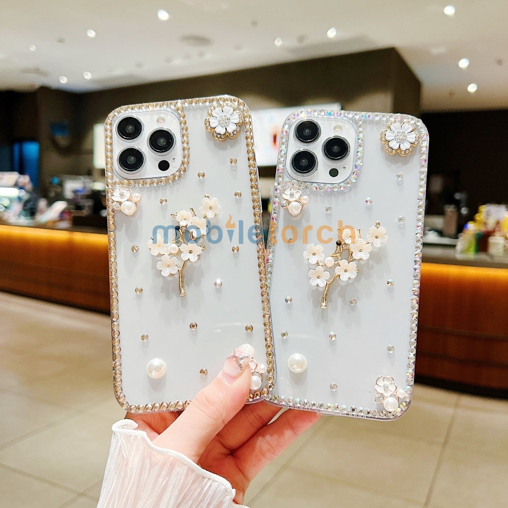 Handmade Jasmin Flower Pattern Diamond Border Transparent TPU(Soft) Case - iPhone 14 Plus