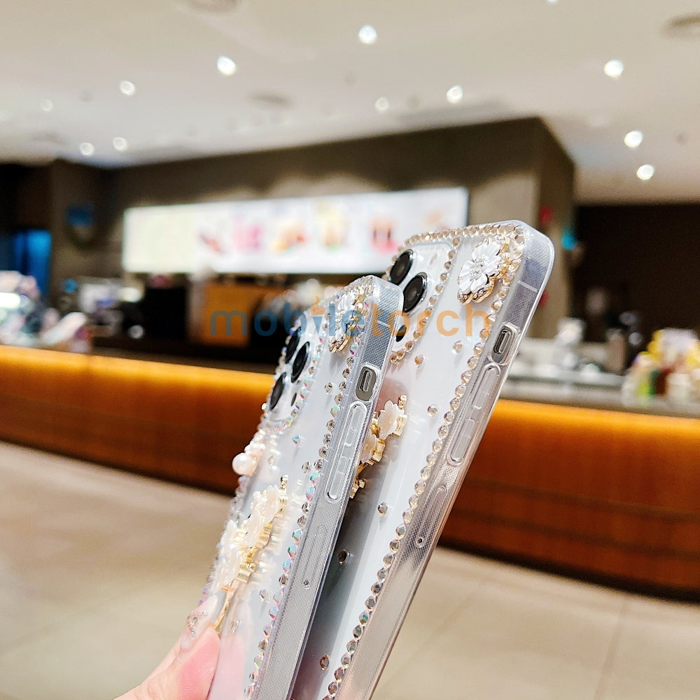 Handmade Jasmin Flower Pattern Diamond Border Transparent TPU(Soft) Case - iPhone 14 Plus