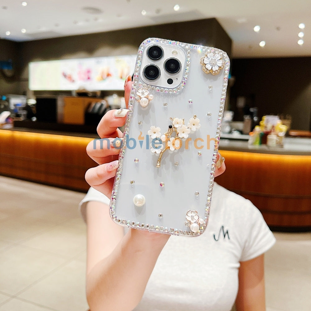 Handmade Jasmin Flower Pattern Diamond Border Transparent TPU(Soft) Case - iPhone 14 Plus