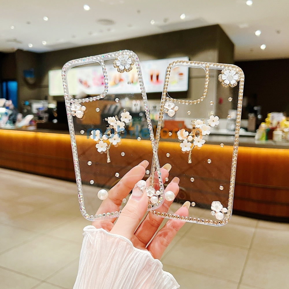 Handmade Jasmin Flower Pattern Diamond Border Transparent TPU(Soft) Case - iPhone 14 Plus