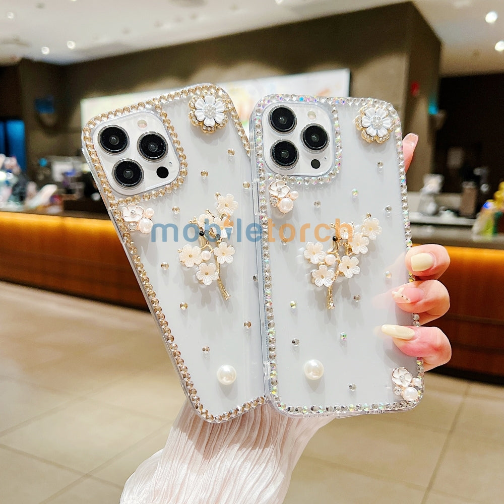 Handmade Jasmin Flower Pattern Diamond Border Transparent TPU(Soft) Case - iPhone 14 Plus