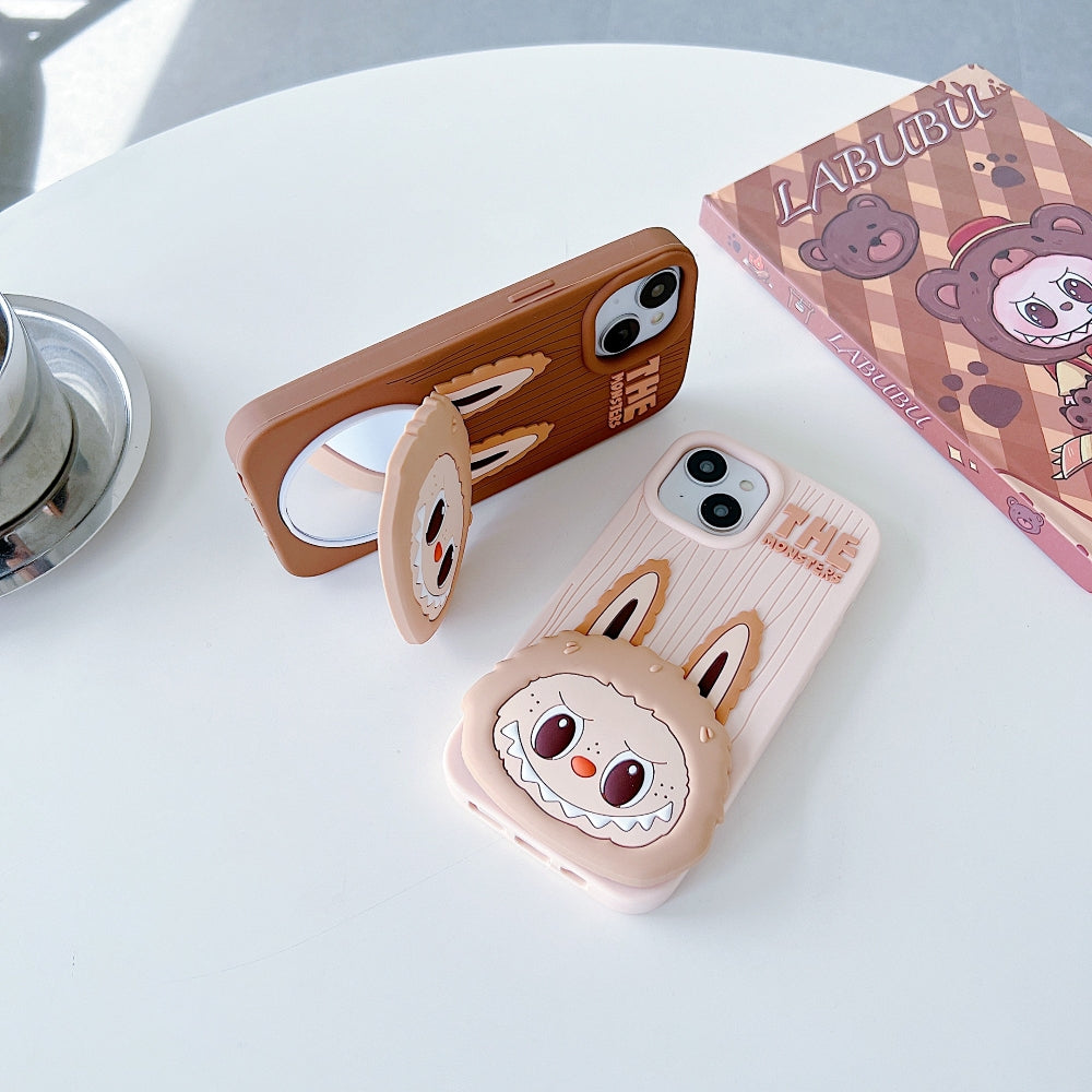 Labubu Cartoon Flip Makeup Mirror Stand Silicone Phone Case