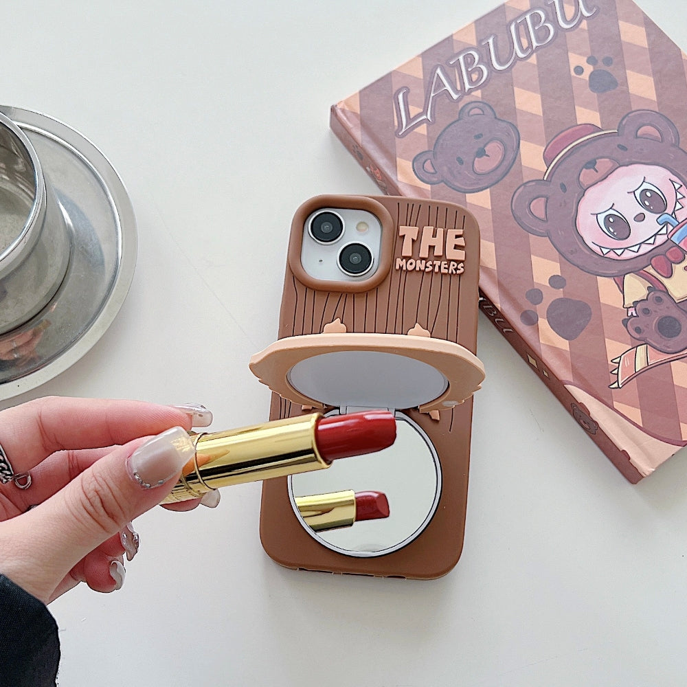 Labubu Cartoon Flip Makeup Mirror Stand Silicone Phone Case