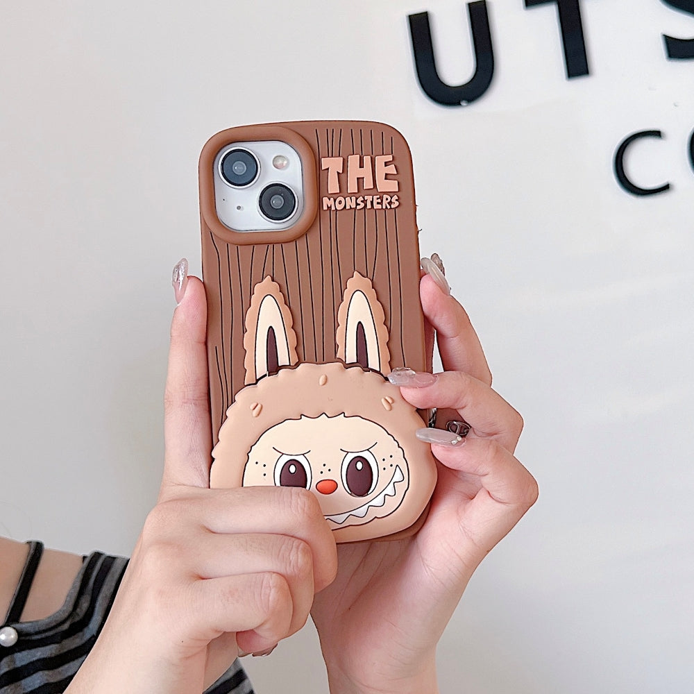 Labubu Cartoon Flip Makeup Mirror Stand Silicone Phone Case