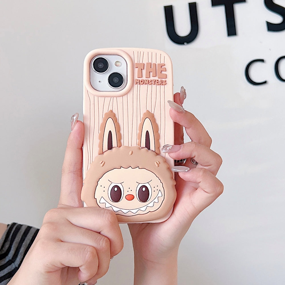 Labubu Cartoon Flip Makeup Mirror Stand Silicone Phone Case