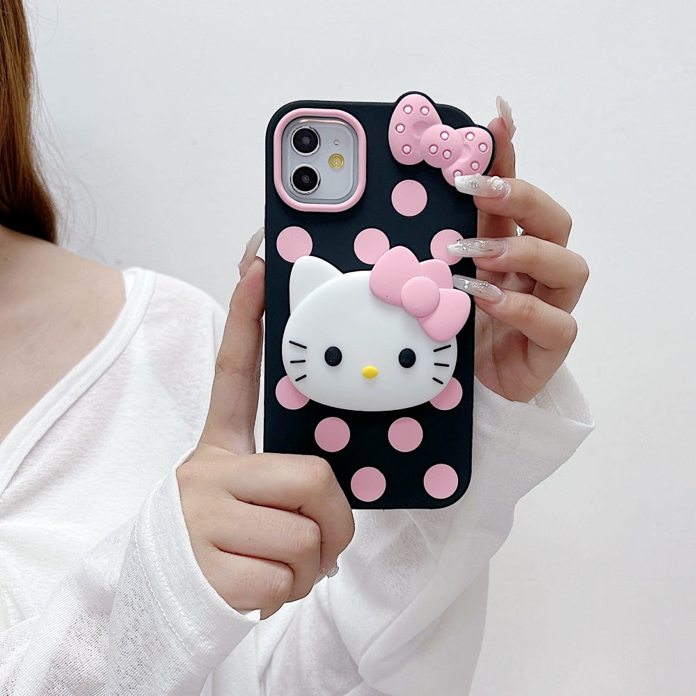 Polka Dot Bow Kitty Stand Silicone Phone Case