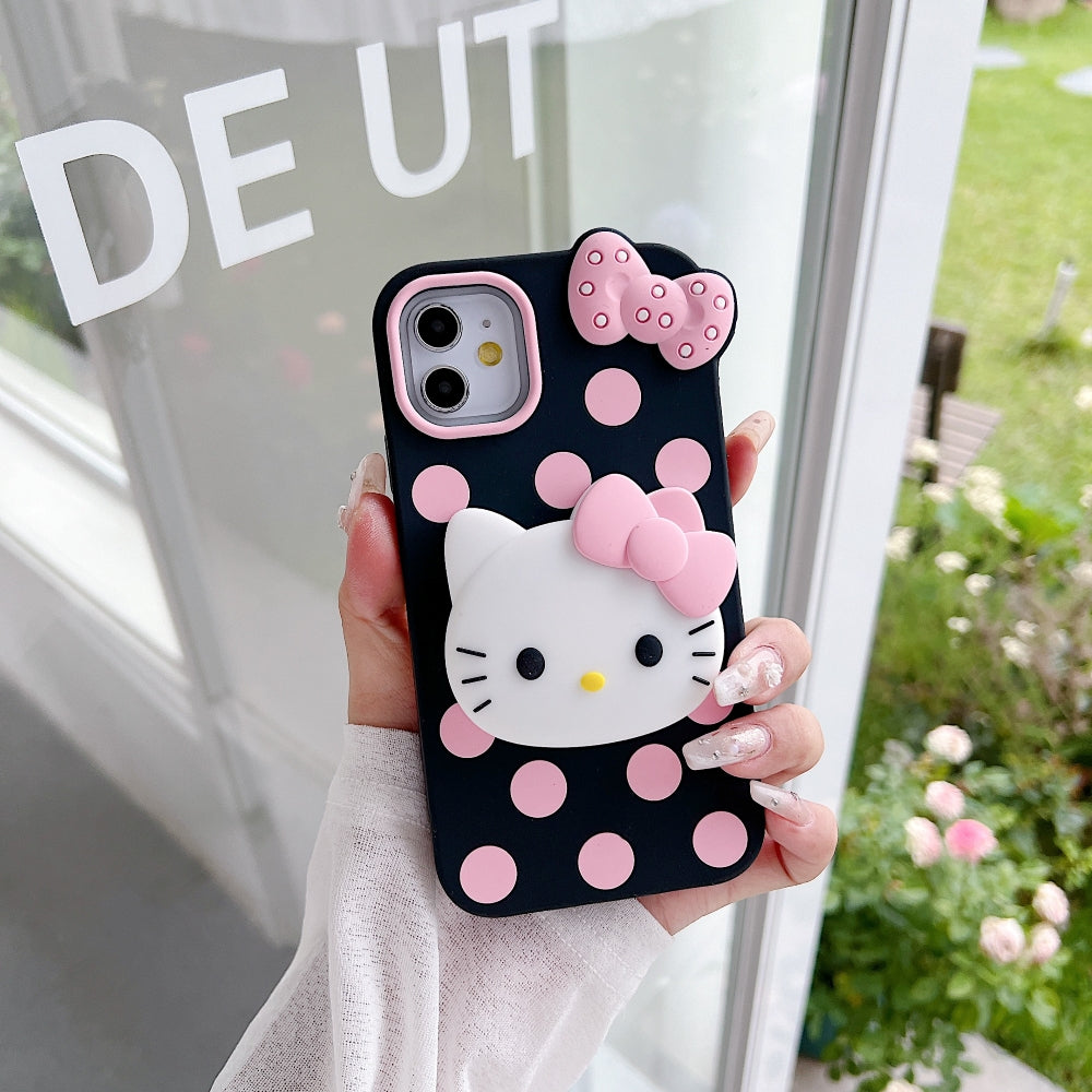 Polka Dot Bow Kitty Stand Silicone Phone Case