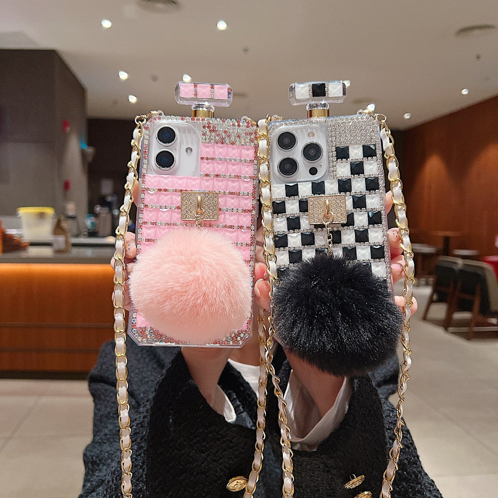 Rehinestone Perfume Bottle Phone Case with Pom Pom Charm and Sling